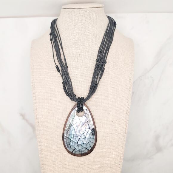 Boutique beaded multi-strand necklace with abalone & wood mosaic teardrop - Picture 7 of 8